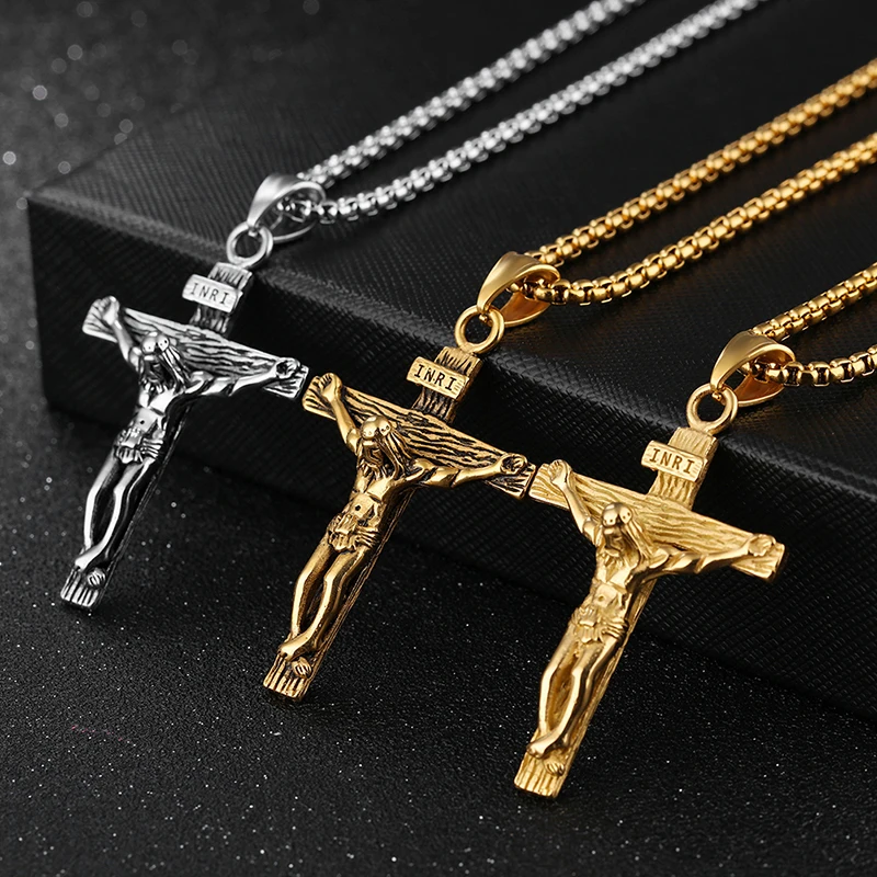 New#Men Silver Stainless Steel Christ Crucifix Cross Pendant Necklace Chain