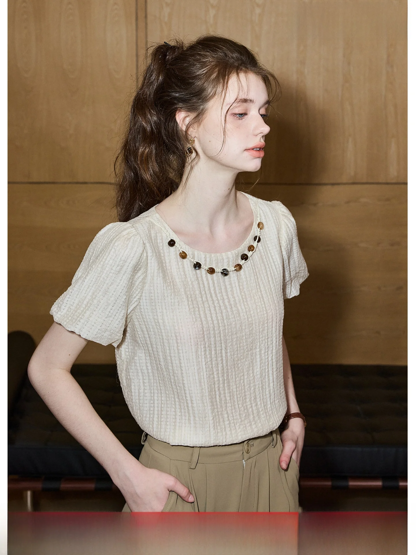 

Elegant Bubble Sleeve Shirt Women's Softfit Korean Style Casual Breathable Cotton Polyester Blend Summer New Arrival