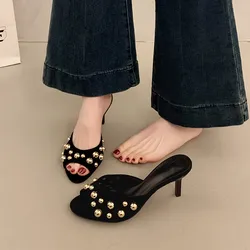 2025 Studded Peep Toe  Stiletto Slip on Gold Rivets Decor Classic Sexy Women Summer Sandals Dress Party Daily Casual Single Shoe