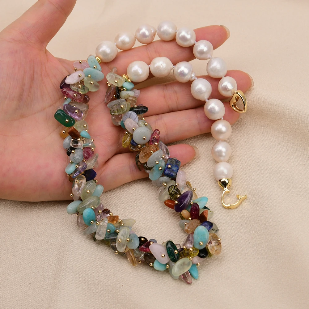 G-G Big White Keshi Pearl Natural Mix Gems Stone Chokers Necklace 19\'\'