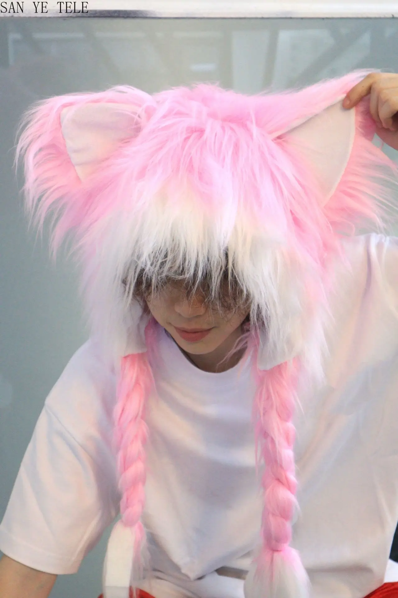 Red Black Cosplay Cat Ear Plush Hat with Braided Warm Fluffy Anime Y2K Subculture Earmuffs Headwear Anime Accessory Hat