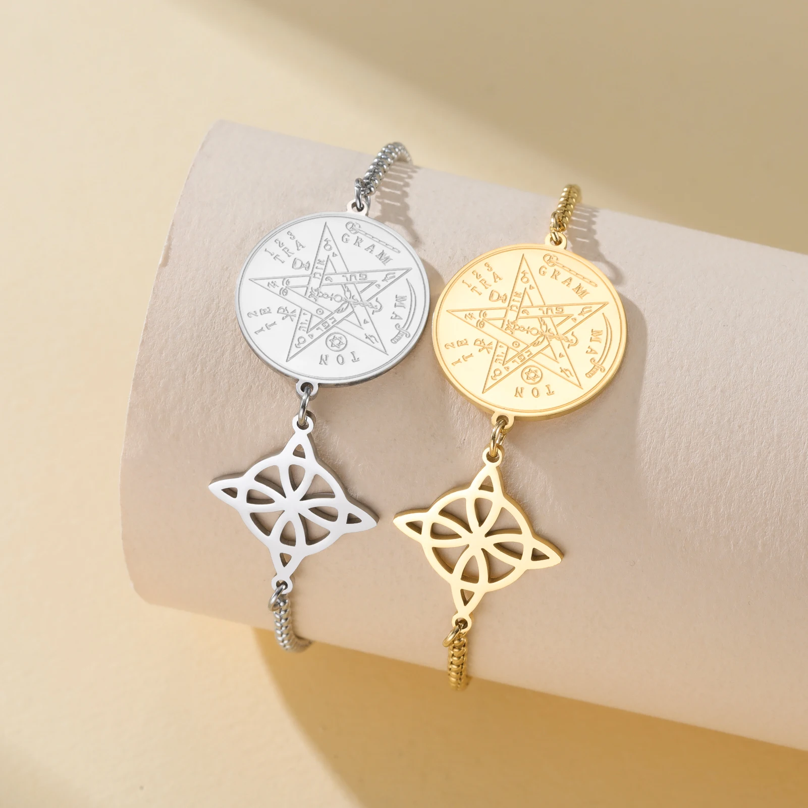 Pentagram Witch Knot Adjustable Girl Bracelet Stainless Steel Double Sided Round Solomon Protection Gift for Woman