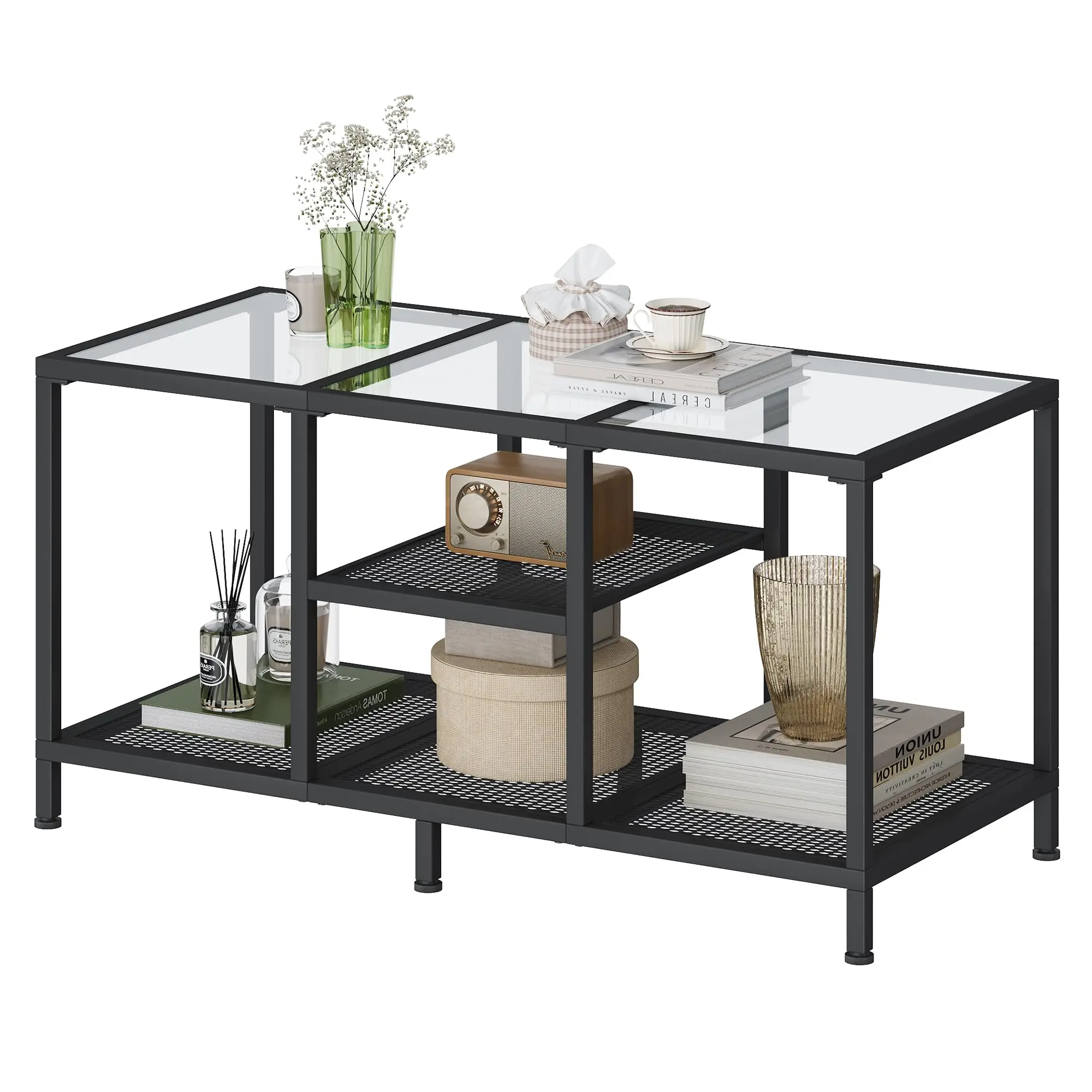 

Modern Glass Coffee Table With Metal Frame And 3-Tier Open Storage For Living Room