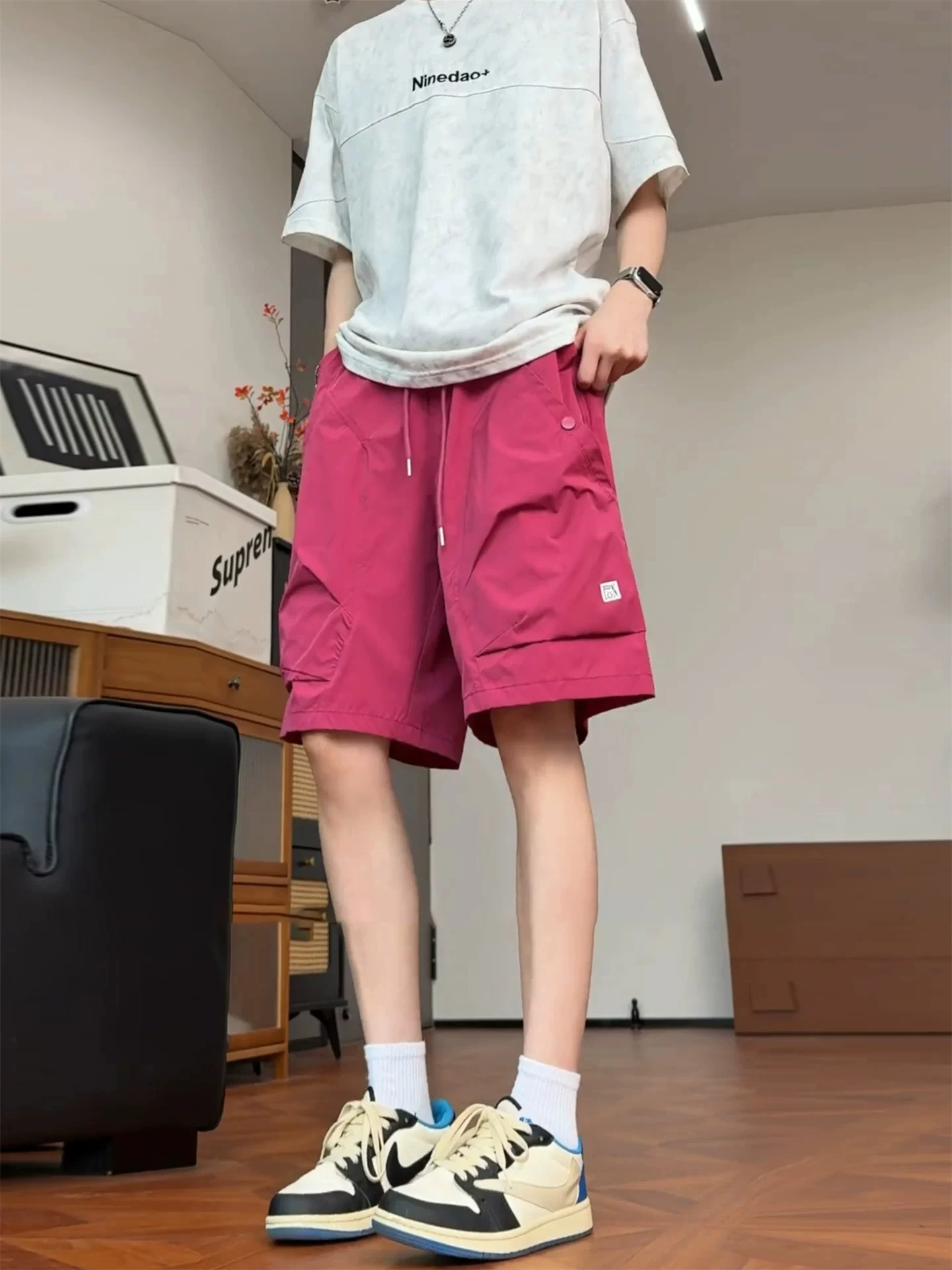 

Raspberry Powder Folded Quick Dry Workwear Shorts Men's Summer American Ice Silk Sports Pants Couple Straight Five-Quarter Pants
