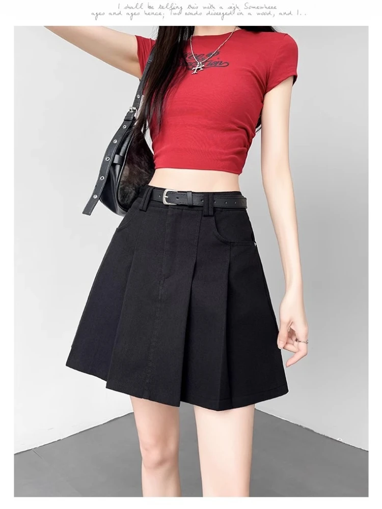 Blue Pleated Skirt Women Summer New Fashion Elegant Anti Glare A-Line Culotte High Waist Wash Cotton Suit Half Body Dress Female