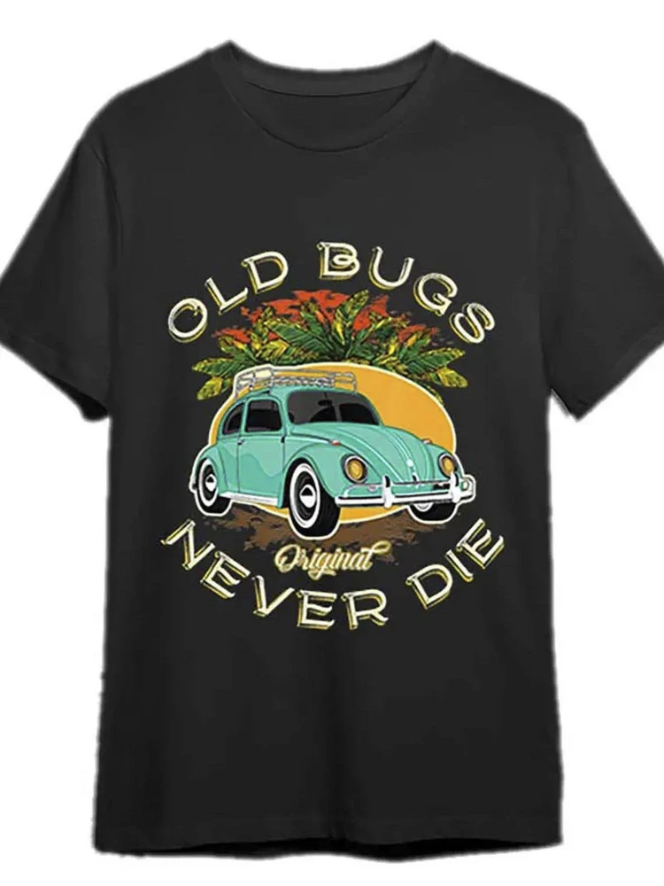 

Retro Beetle pattern-100% cotton men's T-shirt, with the design of "old bugs never die", short sleeves and round neck printing.