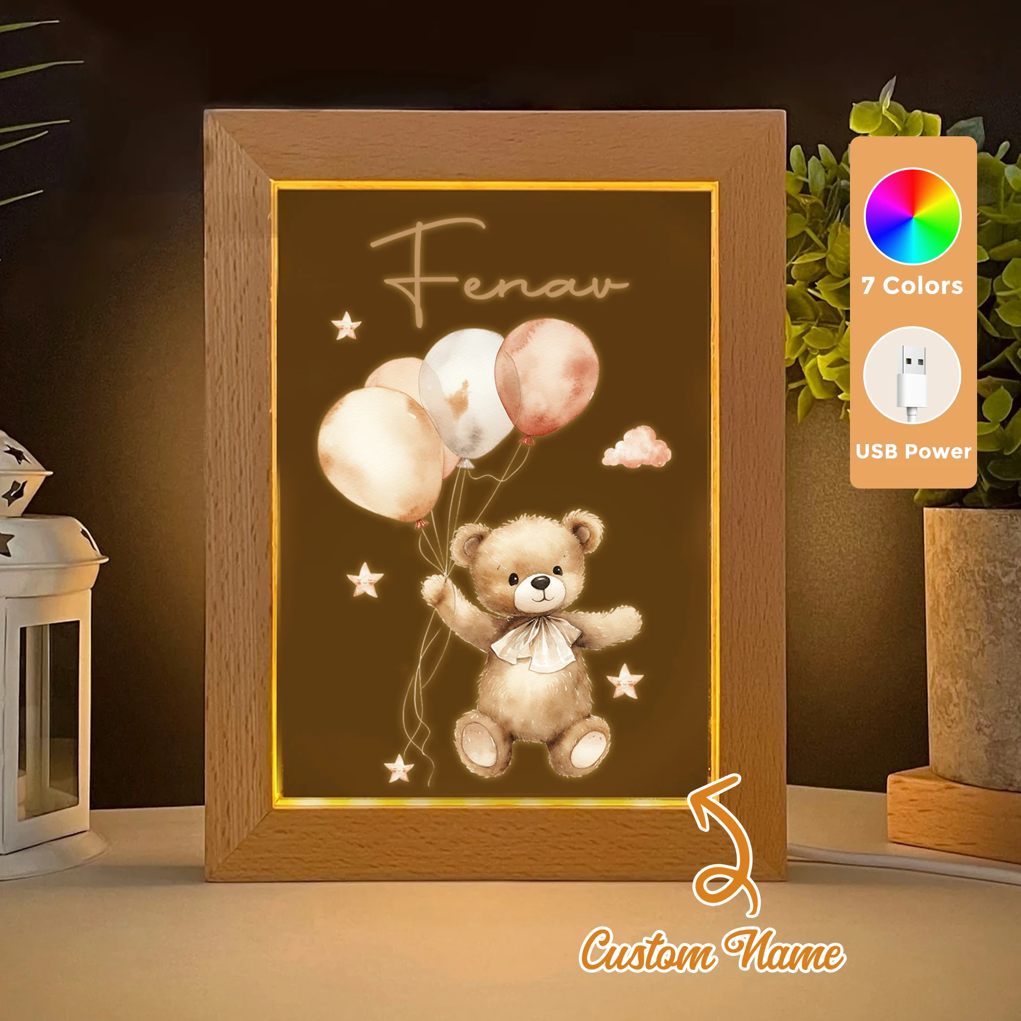 

2D Flat Custom Name Balloon Bear LED Acrylic Night Light Wood Photo Frame 21x17cm Cartoon Children Bedroom Gifts Home Decor