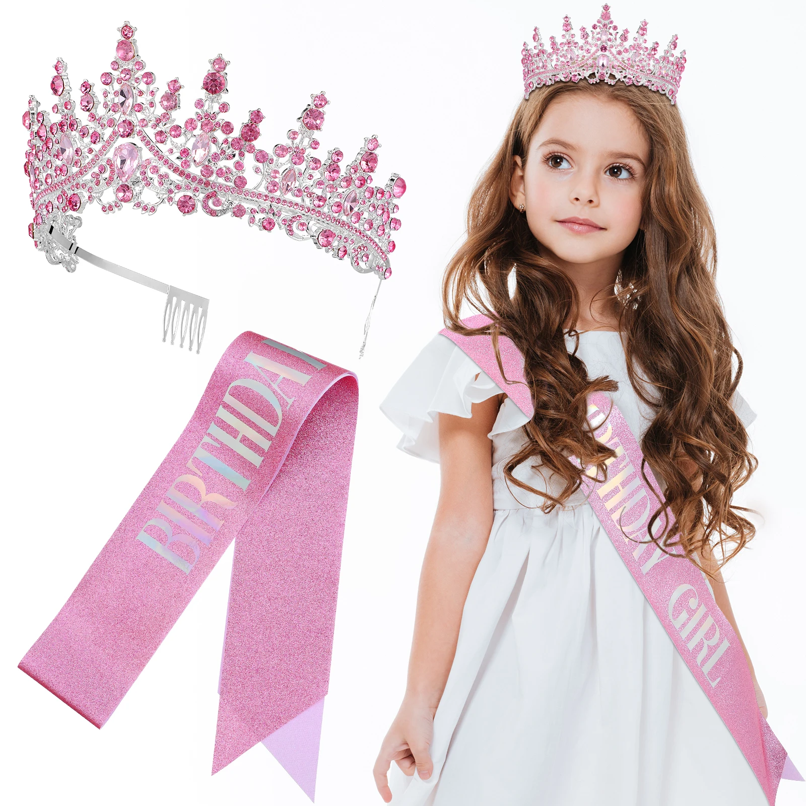 

Crystal Crown Ribbon Birthday Sash Girls Accessories Silver Pink Decorations Adjustable Comfortable Long Lasting Gifts Parties