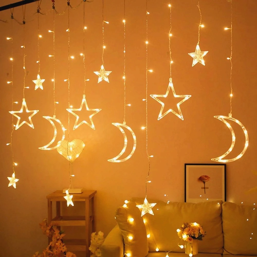 Moon Star Led Gordijn Garland String Light EID Mubarak Ramadan Decoratie 2025, Islamitische Moslim Party Decor Mubarak Ramadan Kareem