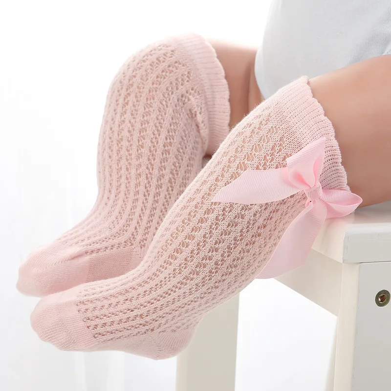 Infant Baby Girls Socks Fall Toddlers Bow Long Sock Kids Knee High Soft Cotton Mesh Bow Decorative Solid Girls Stocking 0-3Years