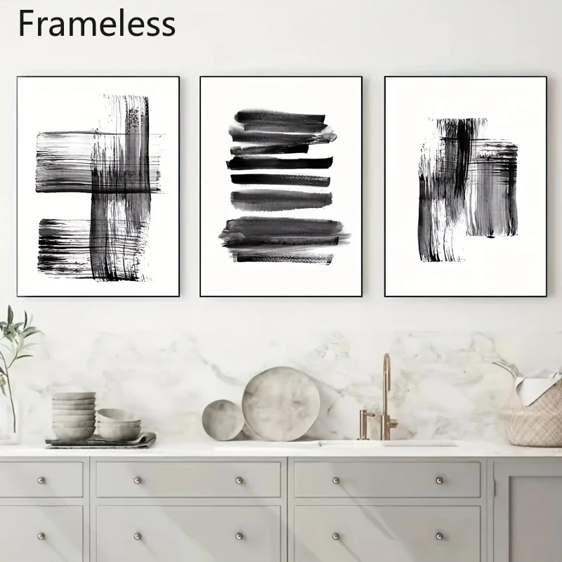 (No frame)2D Flat, 2D Flat, 3pcs/Set Frameless Abstract Brush Strokes Black And White Ink Canvas Printing Paintings Posters W