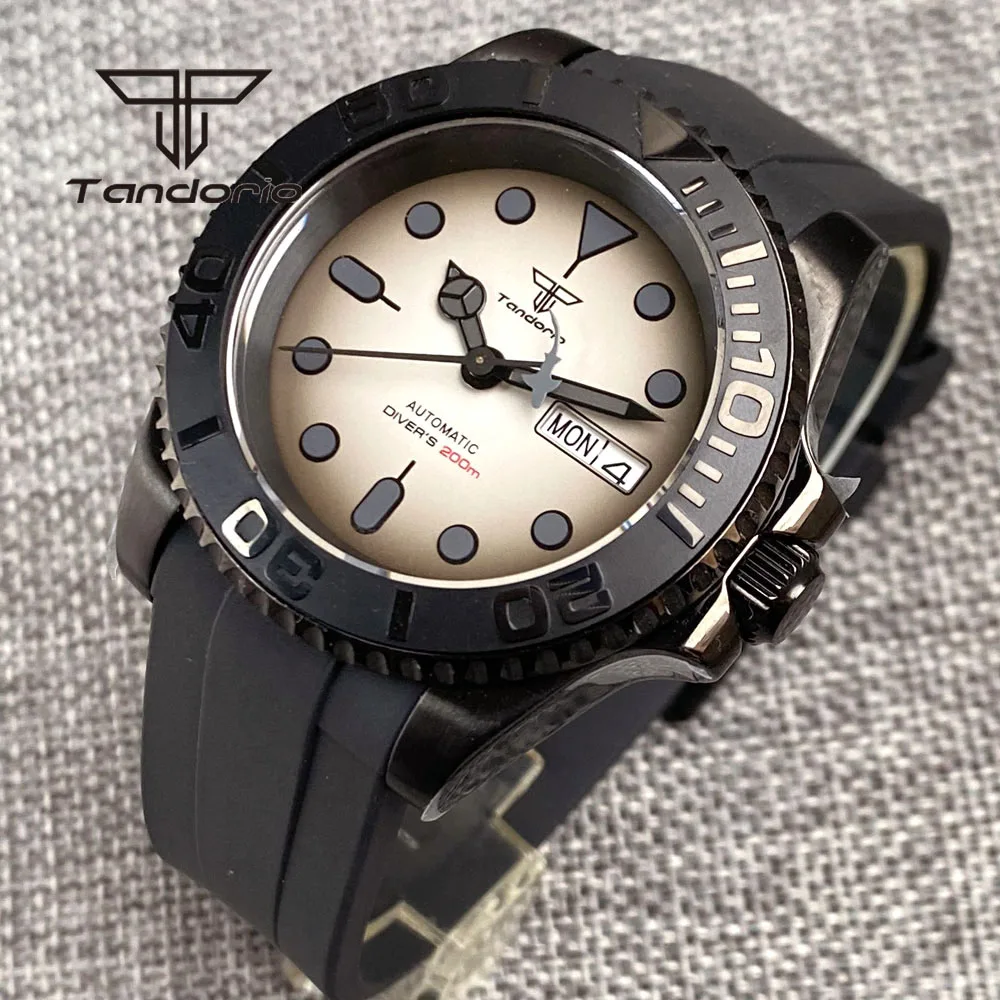 Tandorio Double Date NH36 40mm Black PVD Mechanical Automatic Watch for Men Sapphire Crystal Ceramic Rotating Bezel 20BAR