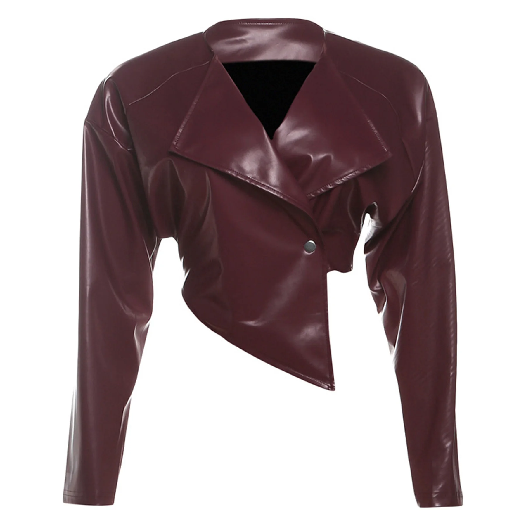 Women Faux Leather Crop Jacket Multi Color Single Button Cross Neck Full Sleeve High Street Wild Style Streetwear Coat
