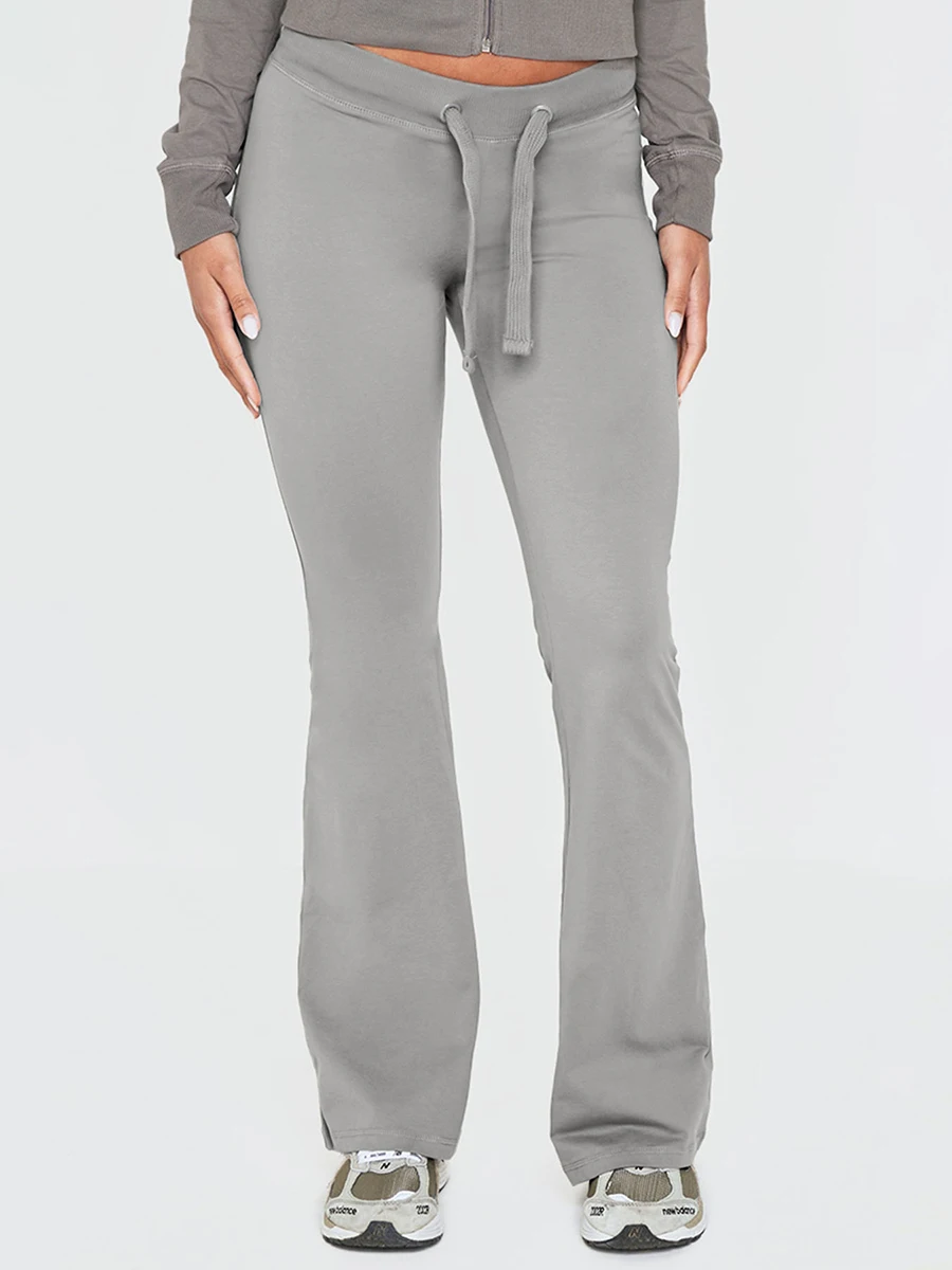 Y2K Vintage Solid Grey Flare Pants Women Casual Drawstring Low Waist Sweatpants Slim Fit Bell Bottoms Streetwear Trousers