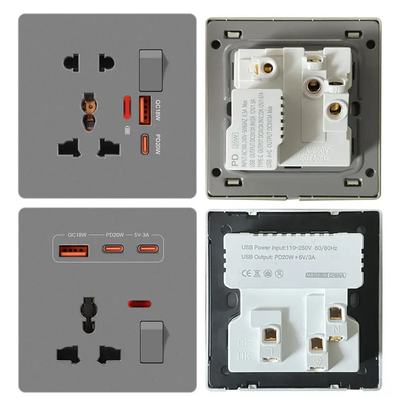 86 Type 16A Multifunctional Five-hole USB + Type-c 20W Fast Charging Socket With Switch Control Universal Three-Hole Socket