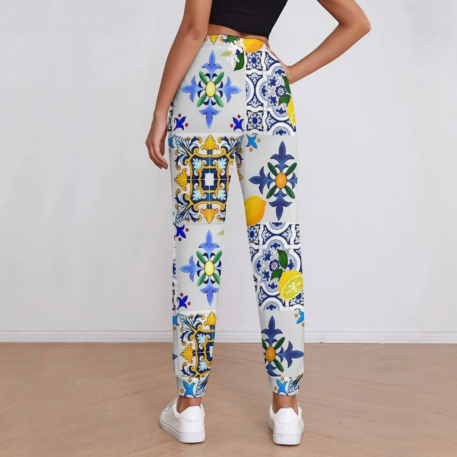 Majolica Lemon Pants Woman Tiles Citrus Flower Streetwear Joggers Spring Modern Printed Trousers Big Size