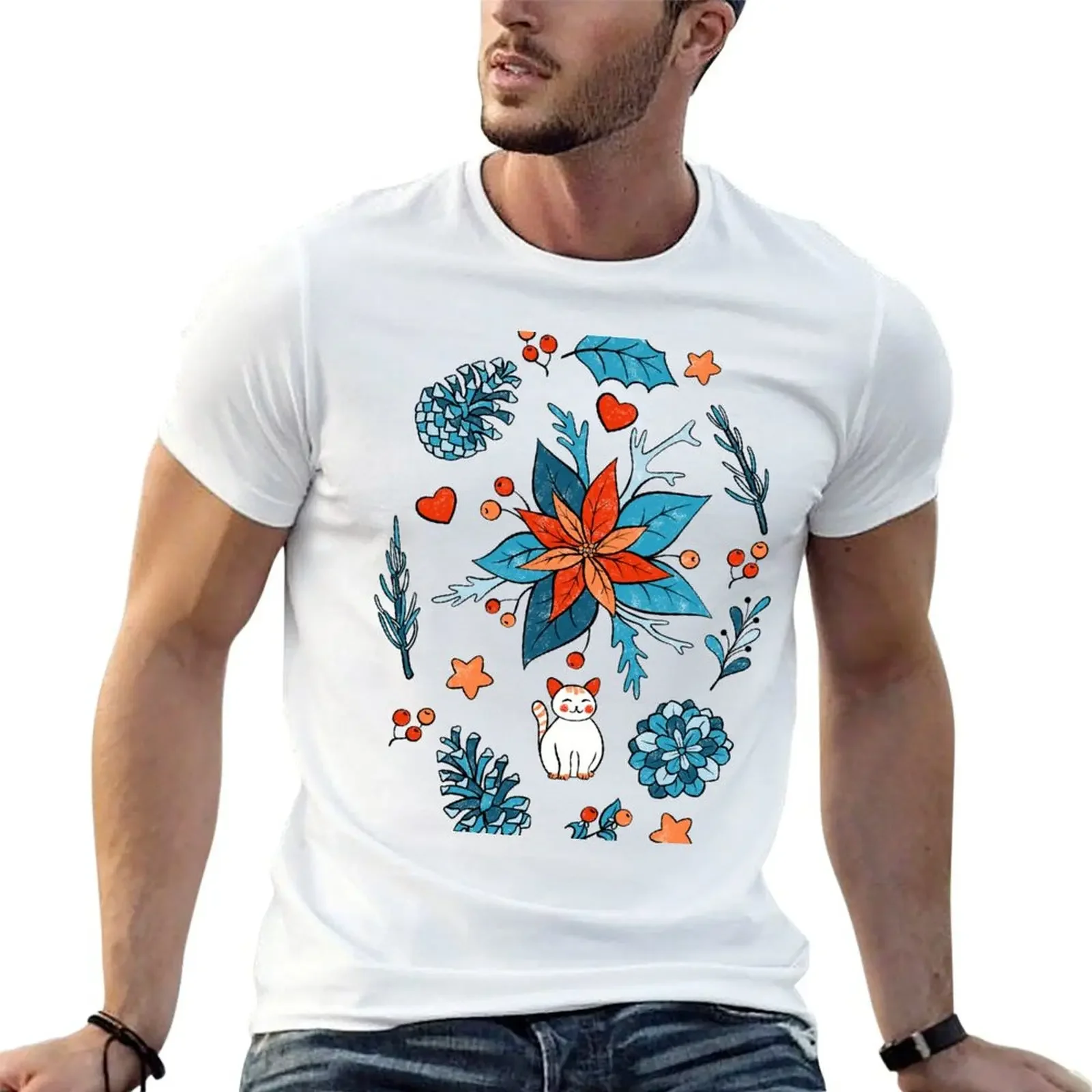

Christmas cat foliage T-Shirt heavyweights plus size clothes Men's cotton t-shirt