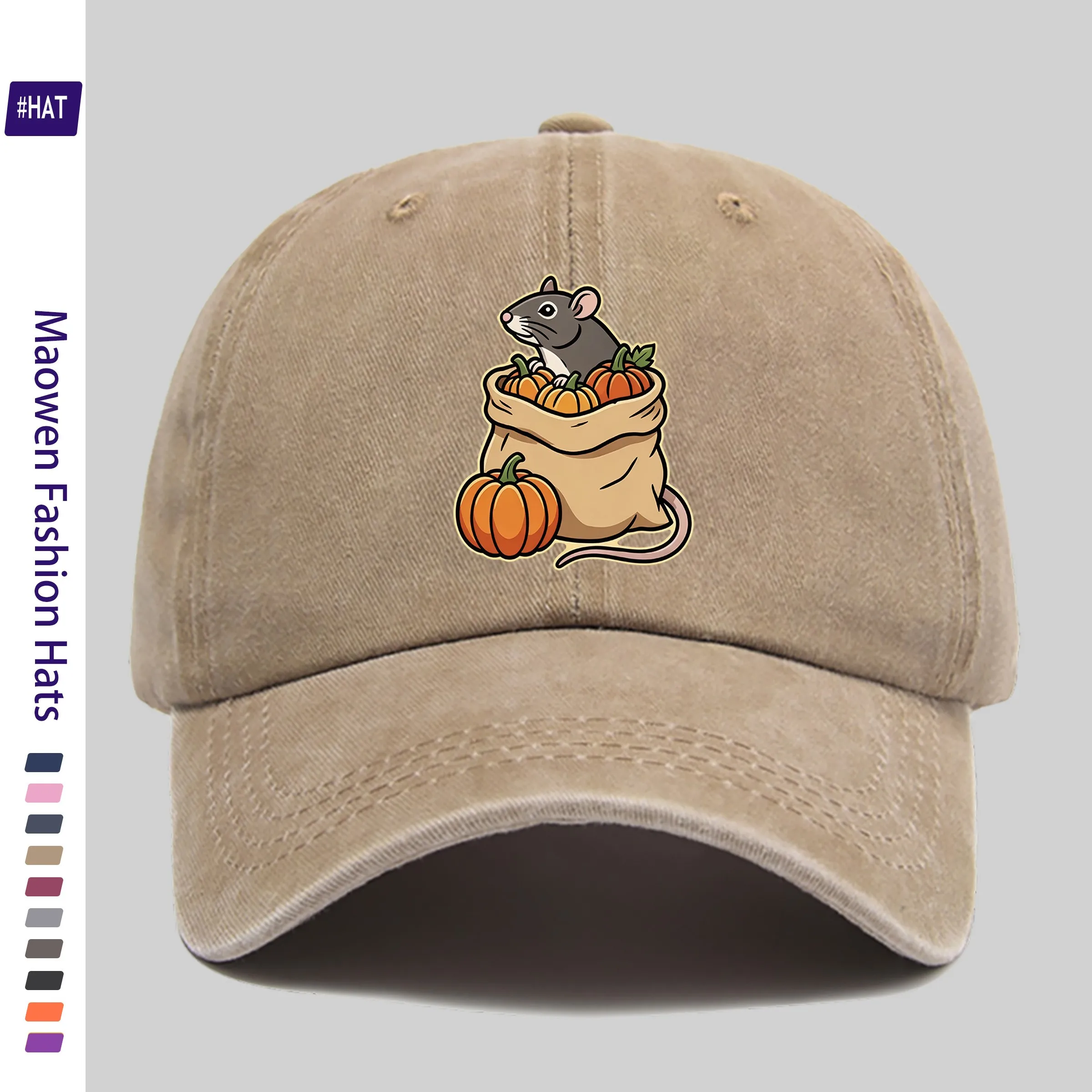 1pc Country Style Hamster Pumpkin Autumn Theme Pattern Hot-Stamped Design Washed Cap, Autumn/Winter New Distressed