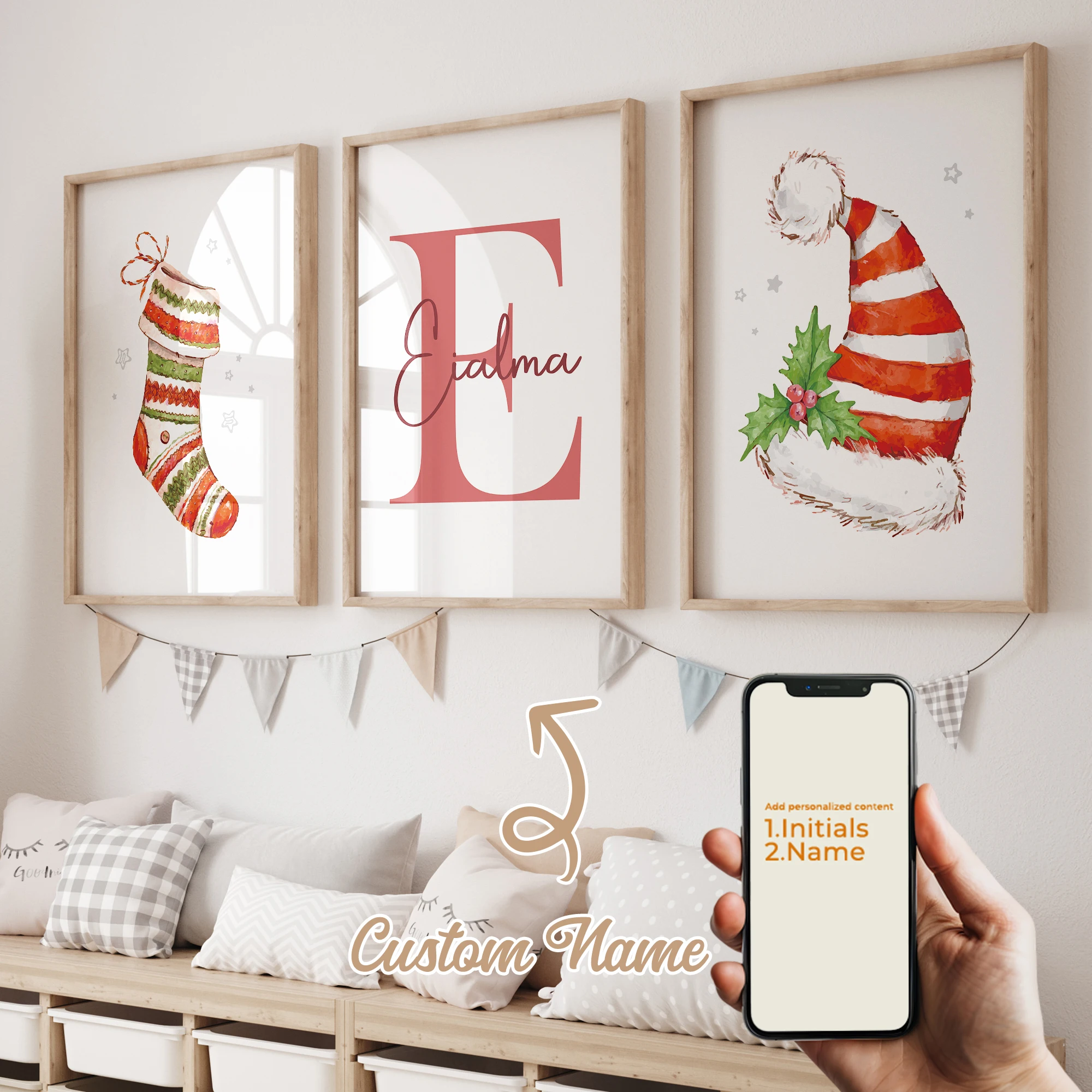 

3pcs Personalized Custom Name Cute Cartoon Christmas Hat Wall Art Print Picture For Christmas Living Room Kids Home Decor Gift