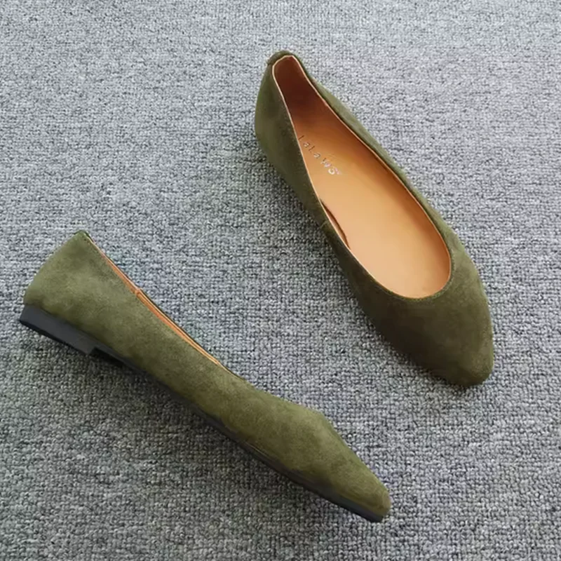 Women Military Green Flats Pointy Toe Nubuck Flock Flats Wide Fits 33 45 46 47 48 29cm Slip-On Luxury Desginer Ballet Shoes Grey