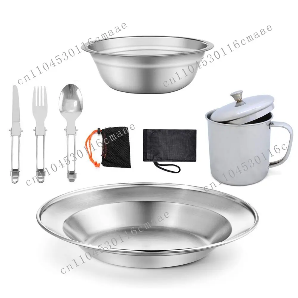 Outdoor Camping Single Stainless Steel Tableware Cooking Plate Soup Bowl Cup Knife Fork Spoon Portable Picnic Kitchenware