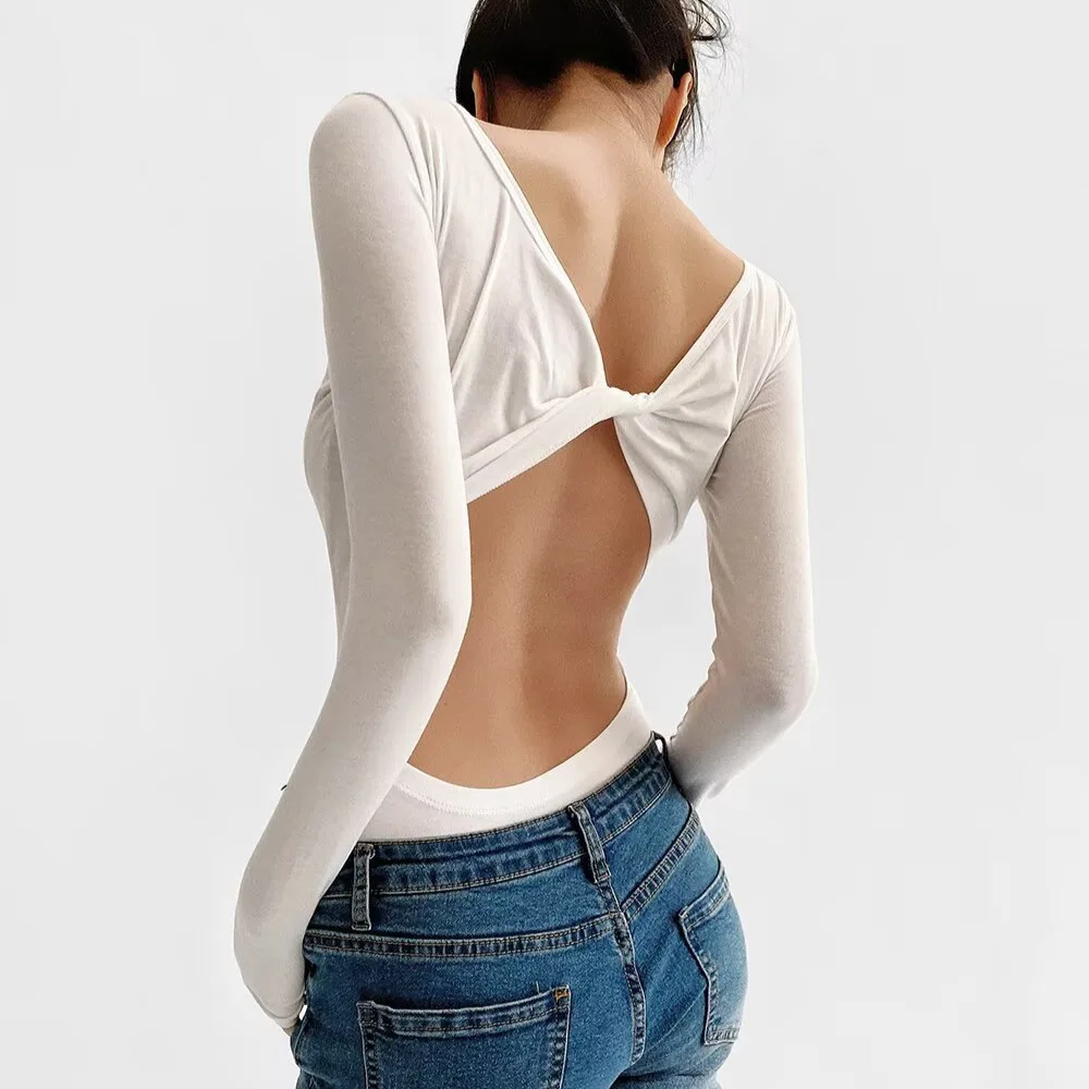 Nude-feel yoga outfit for women fitness sports top sexy backless twisted design with chest pads one-piece long-sleeve T-shirt WL