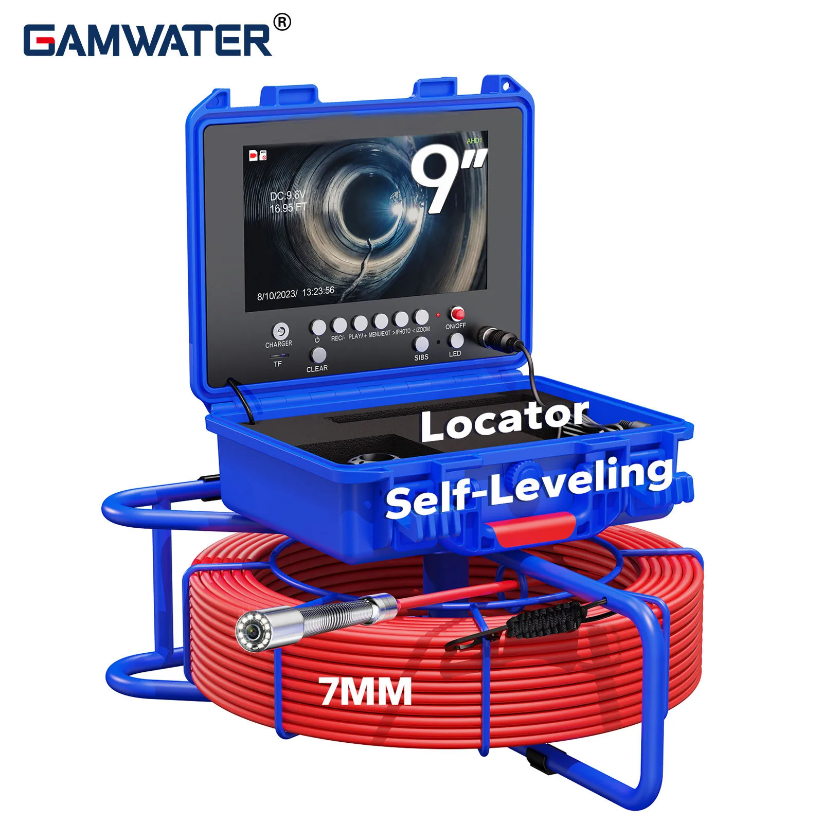 

9" IPS IP68 Sewer Camera AHD 1080P with DVR 16GB 512Hz Self-leveling 23mm Camera 4500 mAH for Plumbing 7mm 30/50/60M