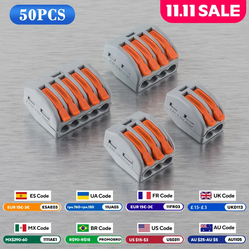 

JINH 50 шт. CMK 41, рычажные проводные быстрые разъемы, 3, 4, 5 портов, зажим, электрический кабель, домашняя клеммная колодка 0,08-4 мм2/28-11AWG