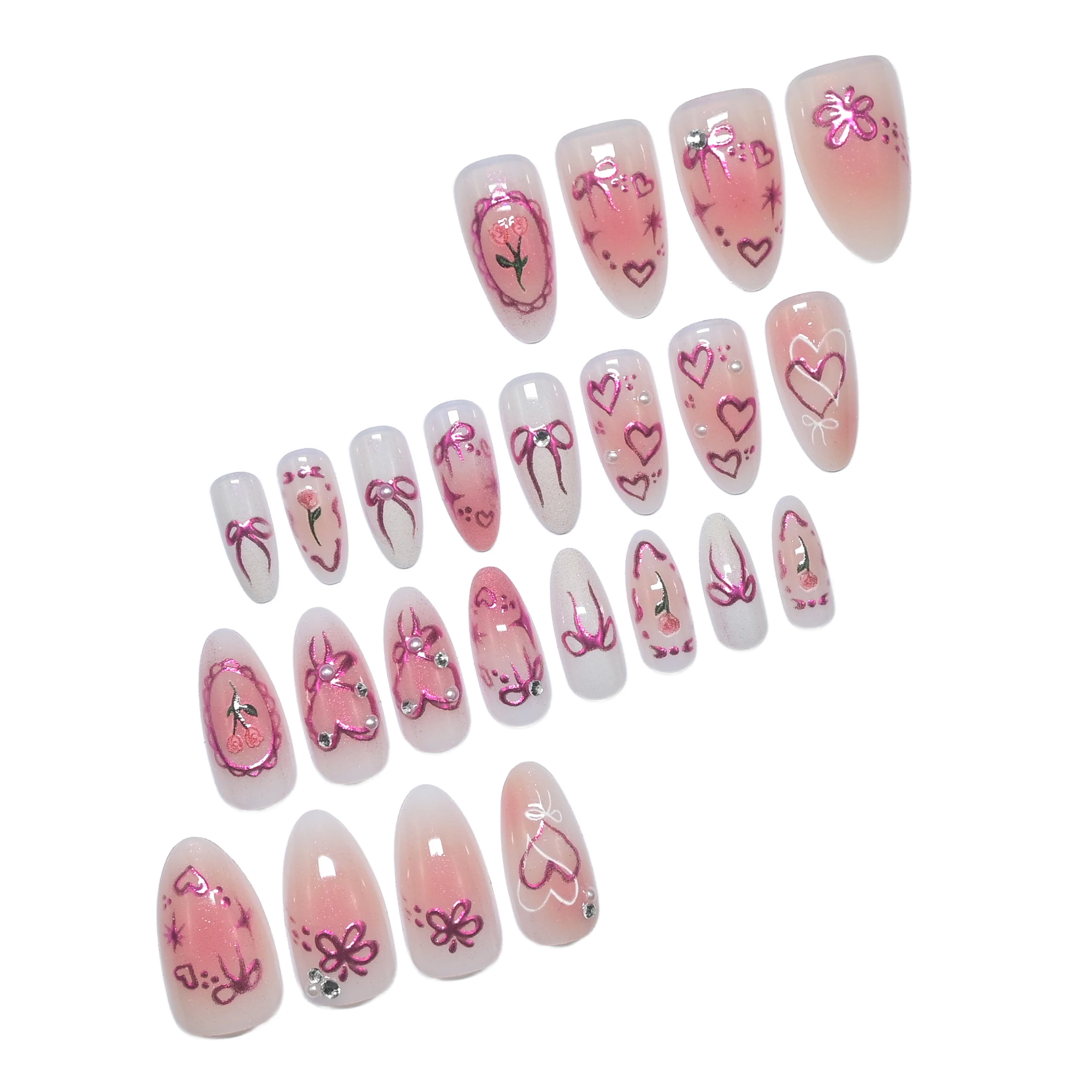 Transform Your Nails | 24Pcs Luxe Elegant Nude Pink Gradient 3D Bow & Heart Press On Nails, Almond Shape with Rose & Rhinestone