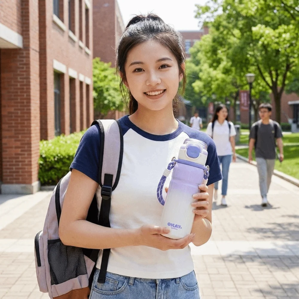 Stylish Gradient Insulated Water Bottle Leak-Proof Stainless Steel Dual-Drinking Straw Cup Keep Hot Cold 550ML Thermos Cup