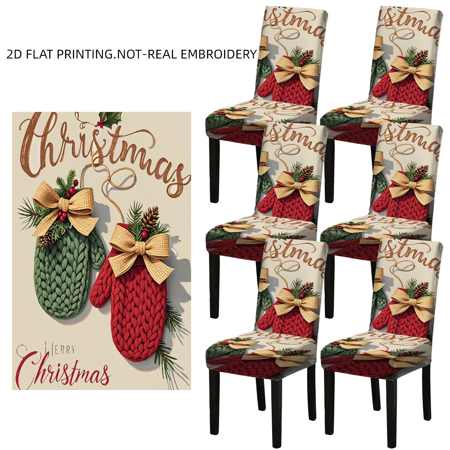 2/4/6 PCS Christmas Red Green Gloves Elastic Dining Chair Covers, Winter 2D Flat Printed Christmas Decoration Chair Covers