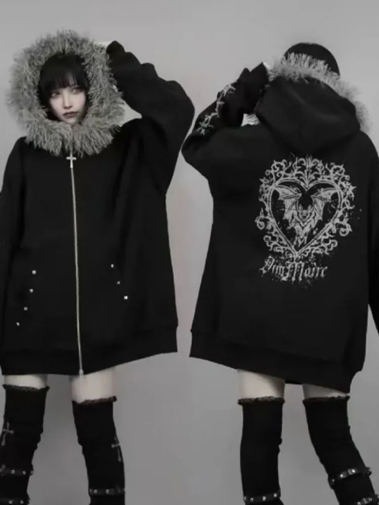 Women Fur Hooded Parkas 2025 Winter Coat Man Unisex Y2K Dark Retro Hoodie Faux Fur Collar Loose Printed Fleece Lined Cardigan