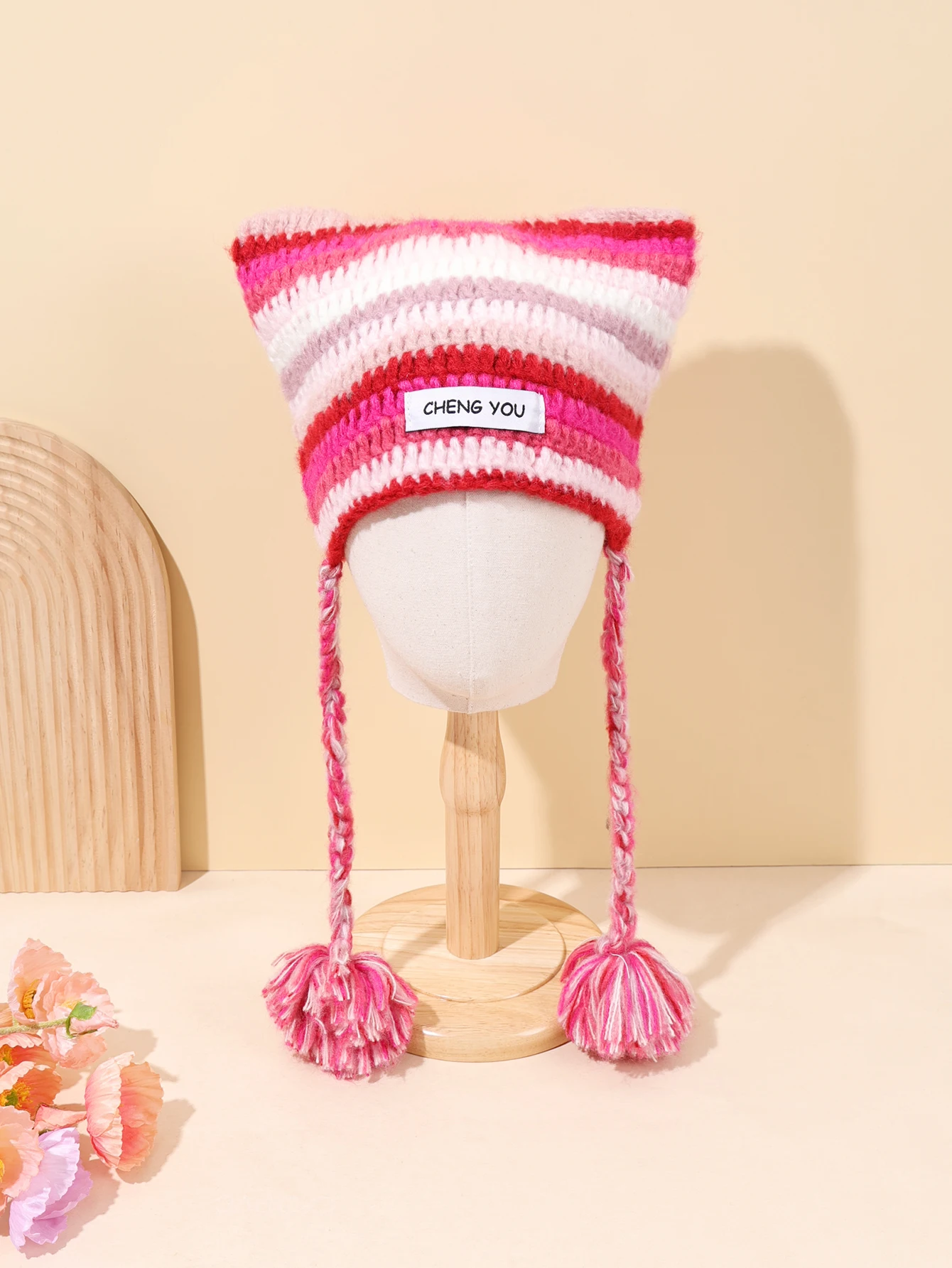 1-bone-de-urina-de-malha-artesanal-listrado-rosa-e-vermelho-com-design-de-orelha-de-gato-e-faixa-de-cabeca-com-borla-tecida-adequado-para-uso-diario