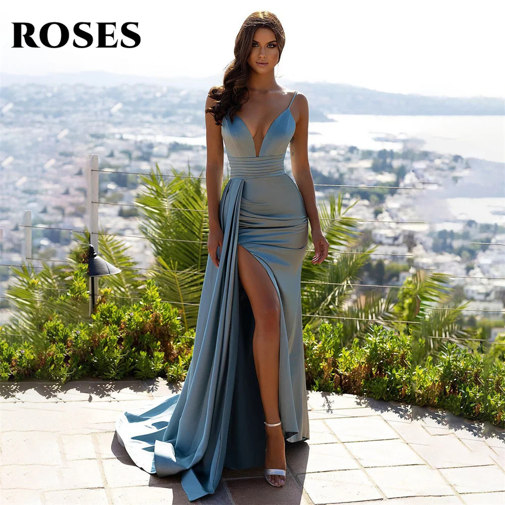 

ROSES Blue Stain Prom Dress V Neck Party Dresses Spaghetti Strap Celebrity Gowns Side Split Wedding Party Dress вечерние платья