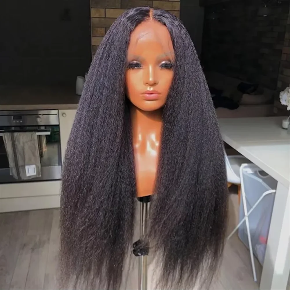 

Yaki 26 inch Soft black 180 Density Kinky straight Lace Front Wig For Women With Baby Hair Synthetic Preplucked Glueless Daily