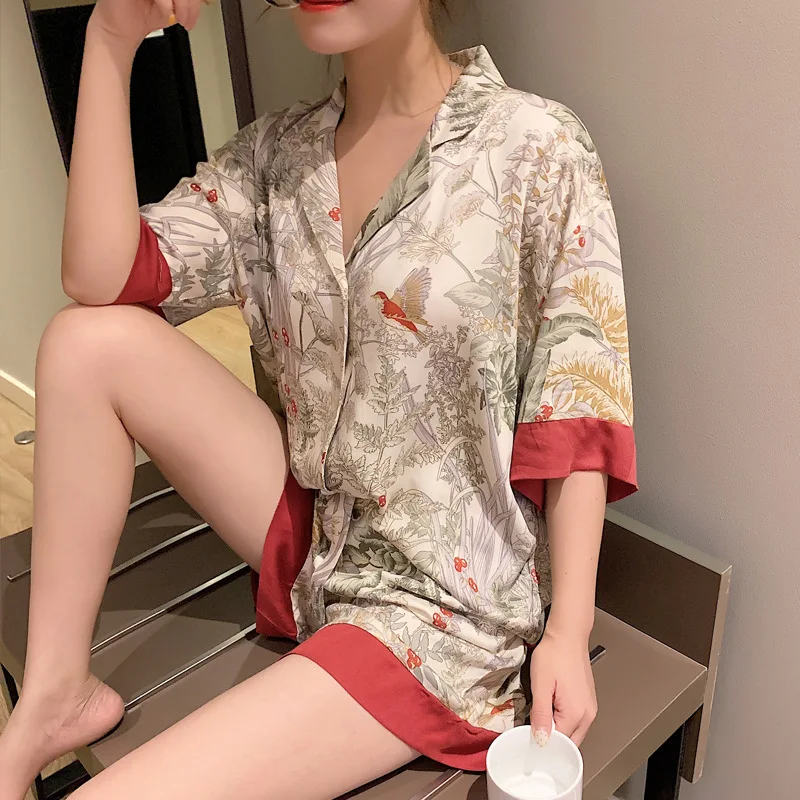 Summer Women Pajama Set Short Sleeve Pajamas for Woman Stain Silk Fashion Luxury Pijamas Flowers Bird Print Lapel Sleepwear