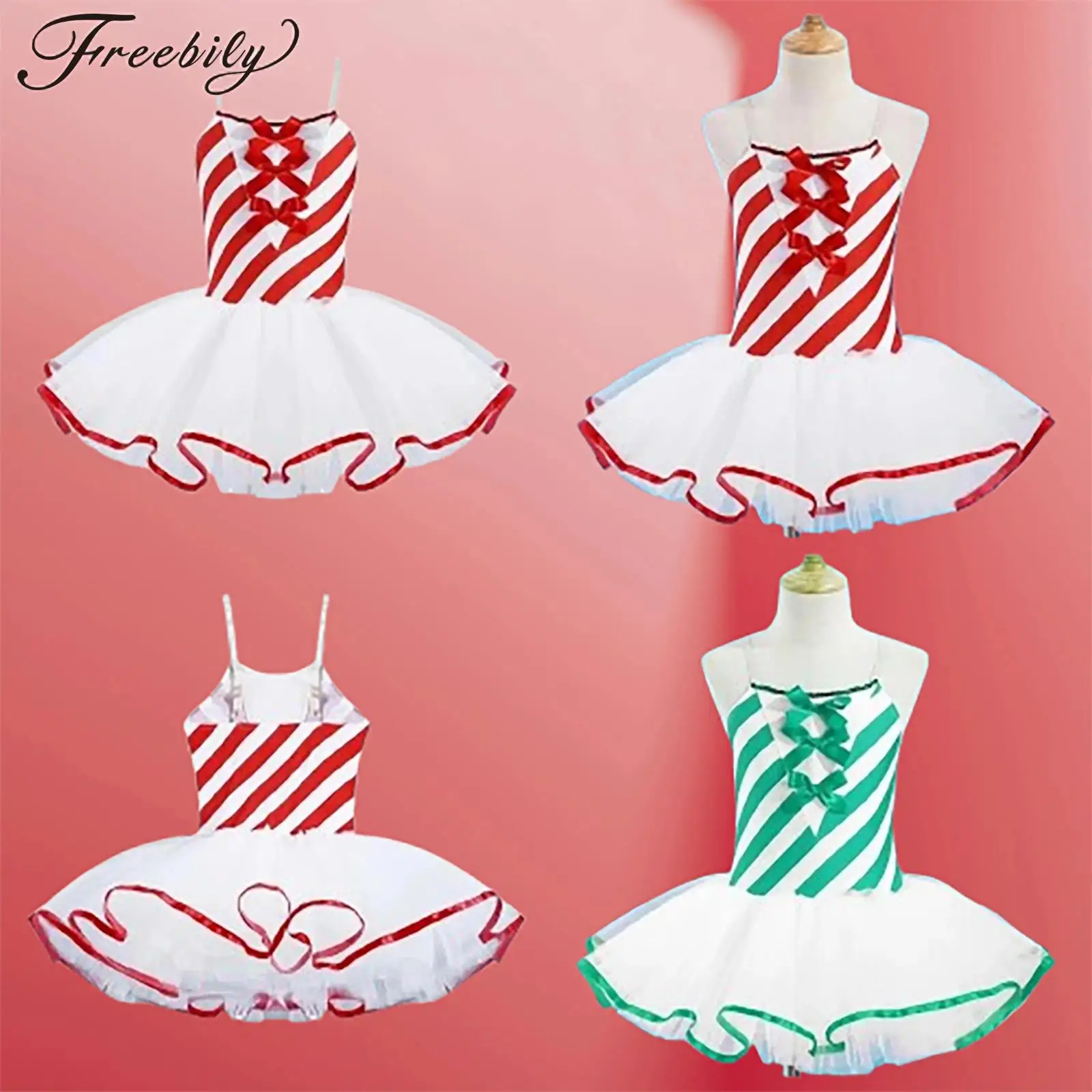 

Girls Mesh Tutu Ballet Figure Skating Dress Kids Striped Gymnastics Leotard Stage Performance Dance Striped Candy Cane Costume