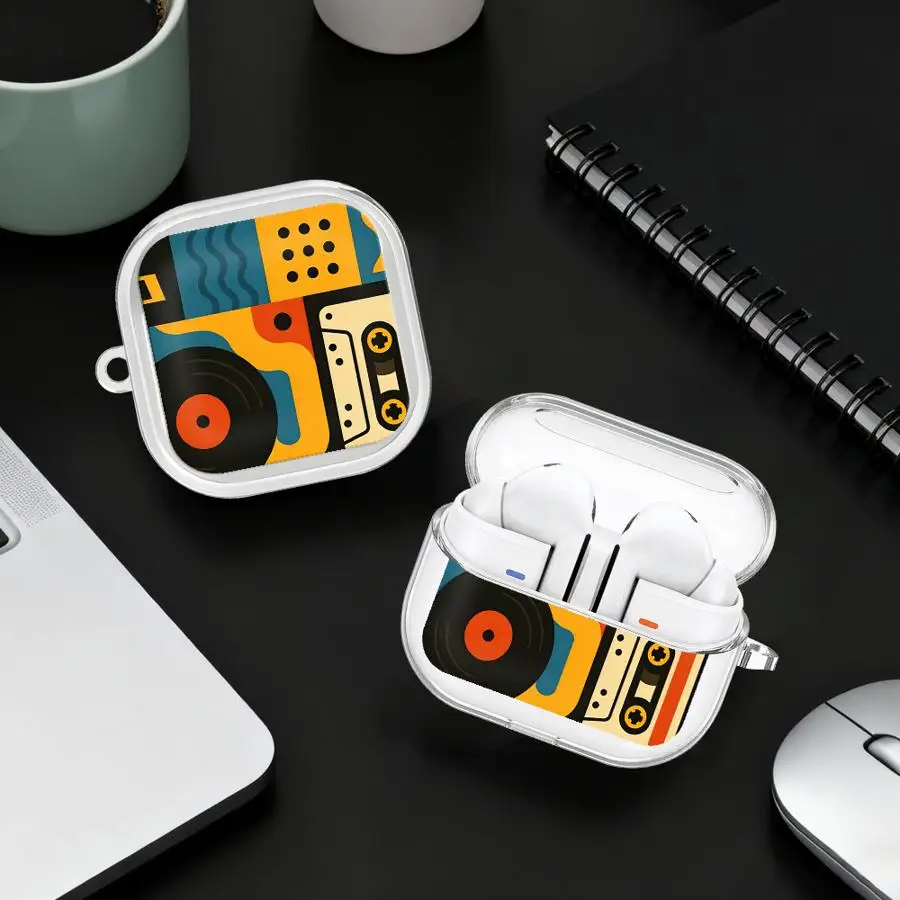 

Trendy Retro Music Pattern Case For Samsung Galaxy Buds 3Pro 3 FE 2 4 Pro 4Pro Live 2Pro Clear Earphone Cases Cover With Hook