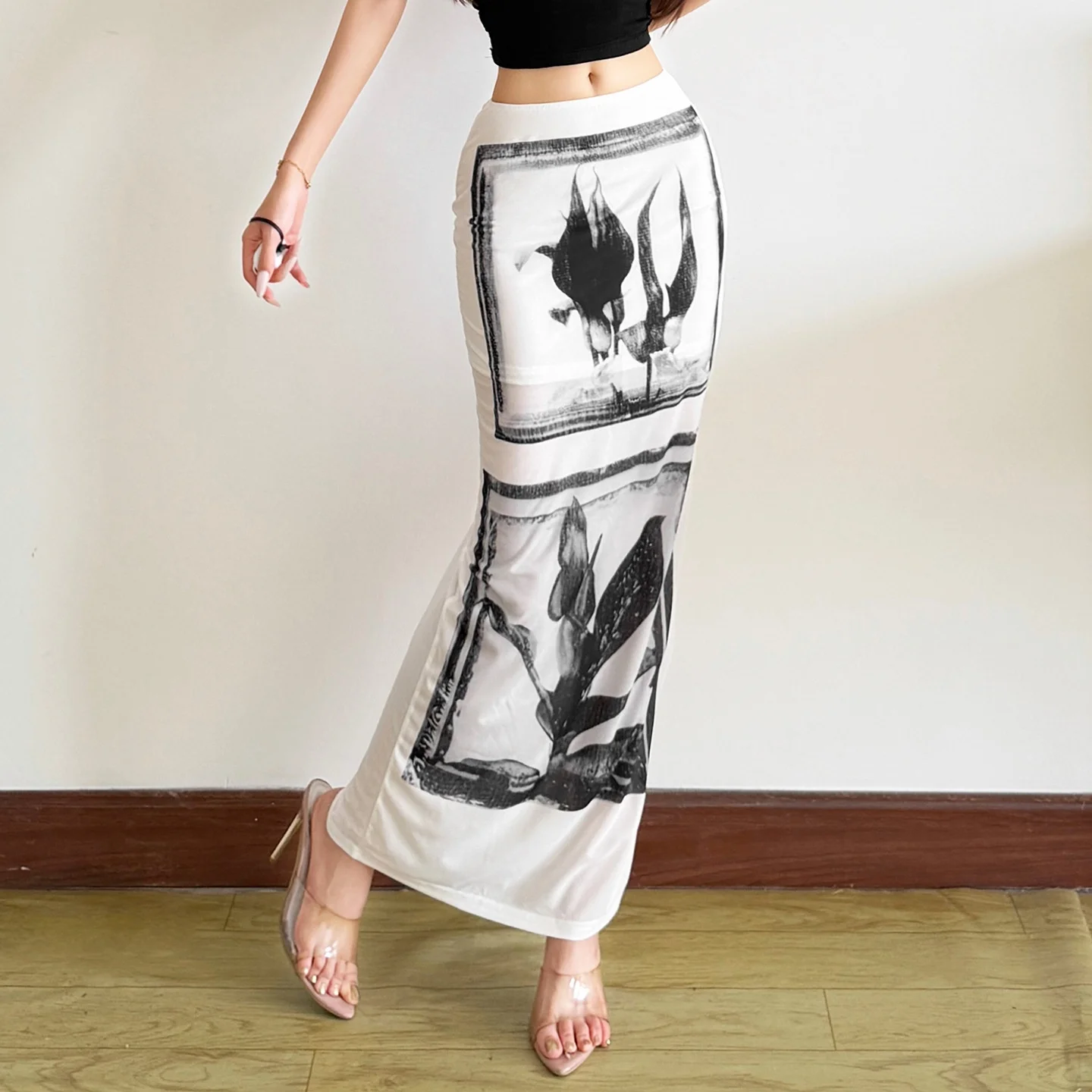 Cross-Border Style Summer New Women's Print Half Skirt Double Frame Plant Film Stamp Design European Style Wrap around Skirt