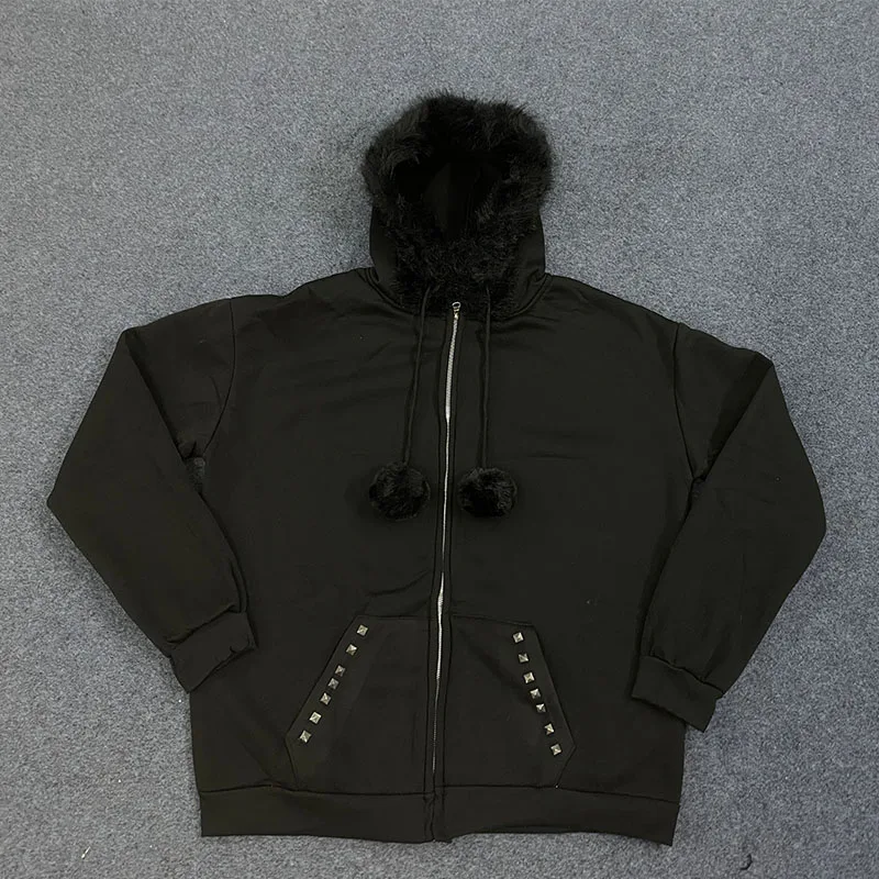 Col moelleux décontracté à capuche couleur unie fermeture éclair cardigan américain rétro femmes automne et hiver mode nouveau top