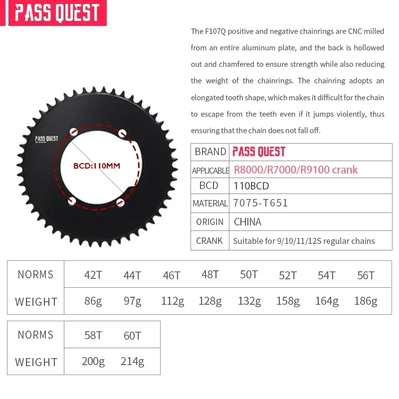 Pass Quest 110 BCD Chainring 110bcd dish 54 54T road bike chainwheel for Shimano 105 R7000 R8000 R9100 single speed chain ring