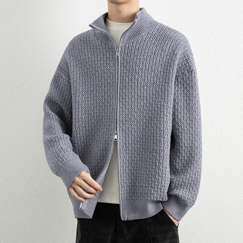 

Мужской свободный вязаный кардиган с двойной молнией, повседневная верхняя одежда, теплая, из полиэстера, нейлона и волокон Cosite, с длинными рукавами
