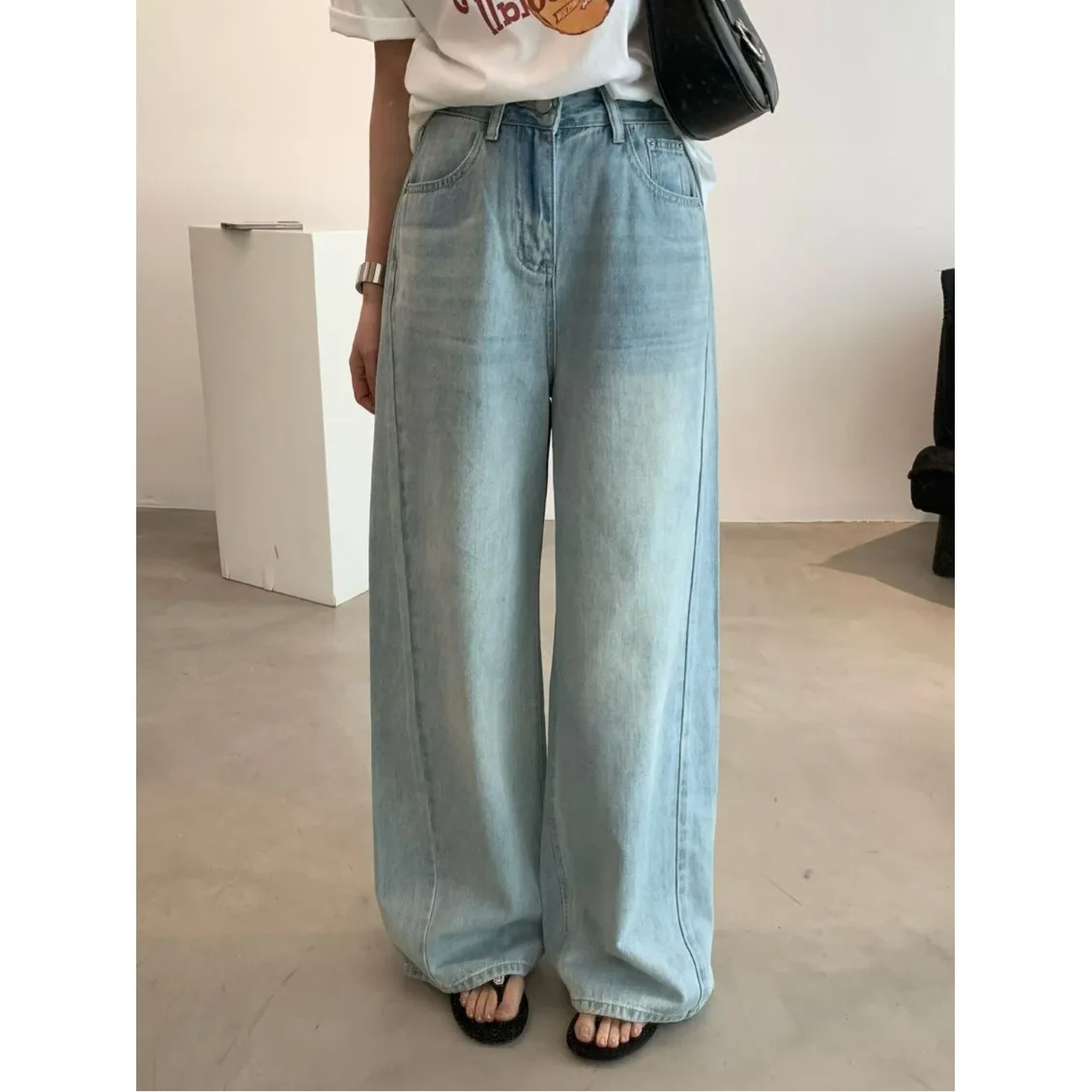 

Chic High Waist Wide Leg Jeans Women's Loose Fit Washed Slimming Summer Denim Pants Korean Style Casual Fashionable