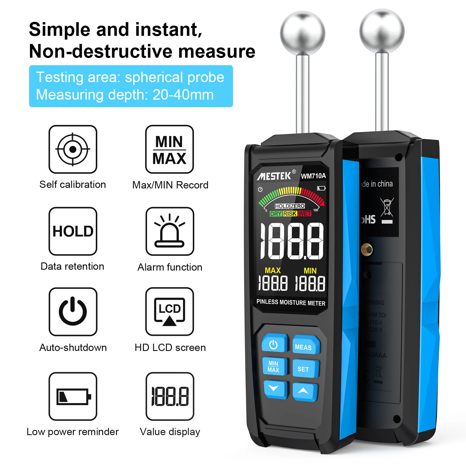 Digital Moisture Meter Wood Timber Damp Detector Alarm Function Humidity Tester Non-contact Spherical Hygrometer Moisture Detect