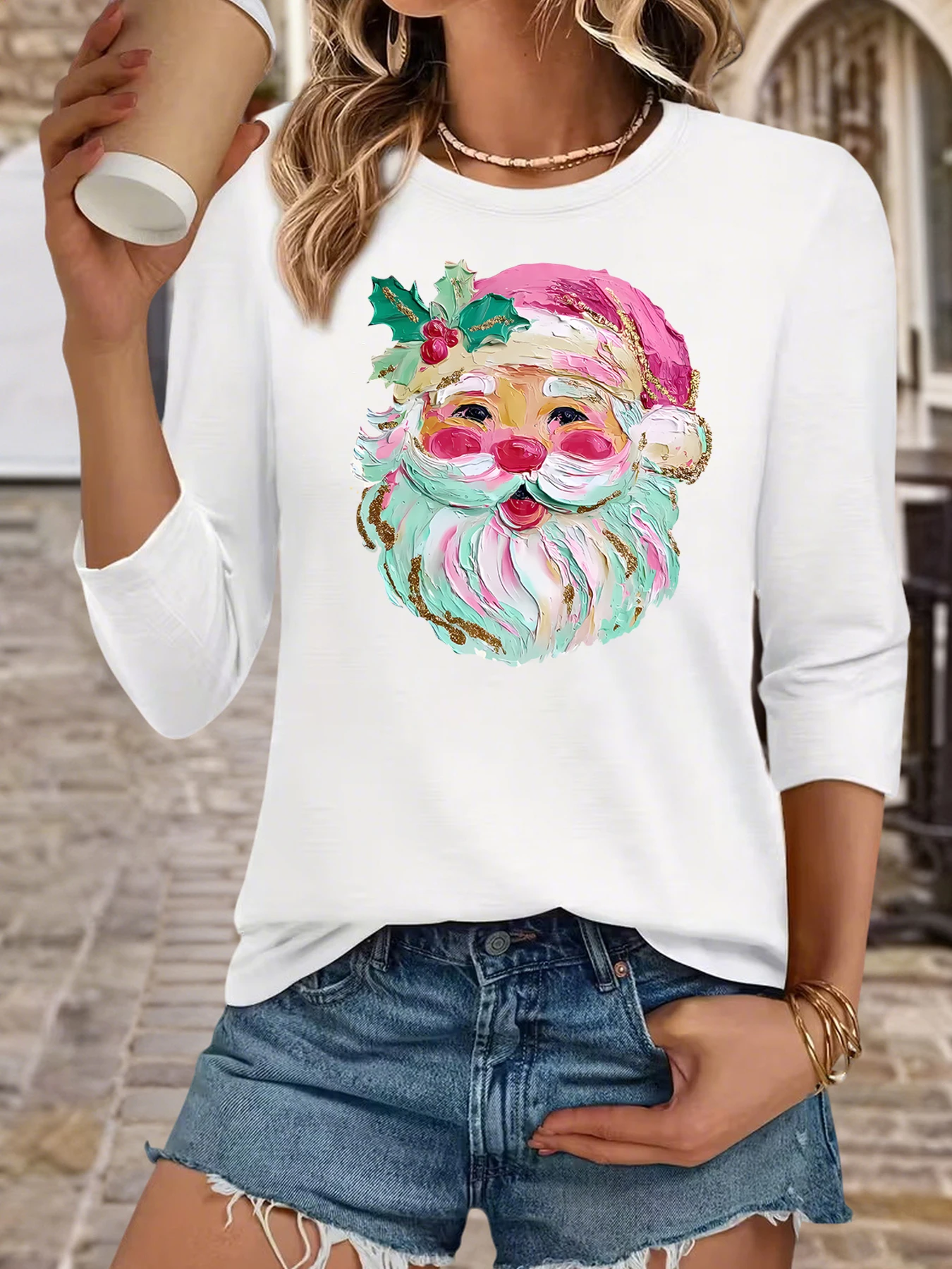 Women's round-neck, three-quarter-length sleeve T-shirt with thickly painted oil-effect Christmas Santa Claus print