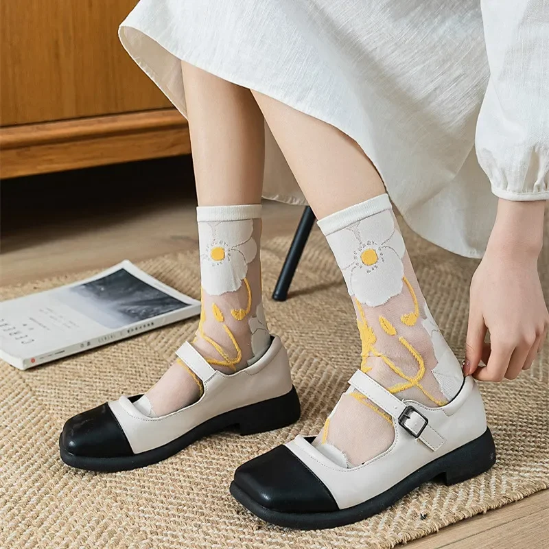 Summer Ultra-thin Crystal Silk Socks Floral Embroidery Harajuku Retro Elastic Long Socks Mesh Fishnet Transparent Lace Socks Sox