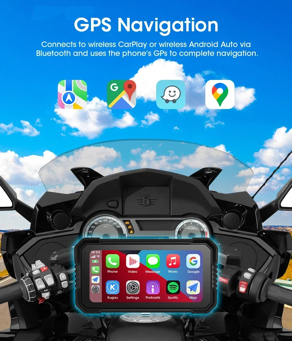 6.25 inch Motorcycle Carplay Screen GPS Navigation DVR Dual Cameras Drive Recorder IPX7 Waterproof Moto Monitor Support TPMS - view 4