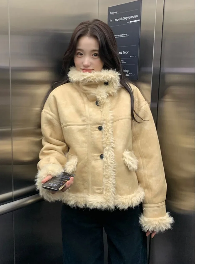 양털 자켓 여성용 따뜻한 겨울 코트 디자인 감각 면 의류 한국 스타일 레귤러 핏 온라인 독점