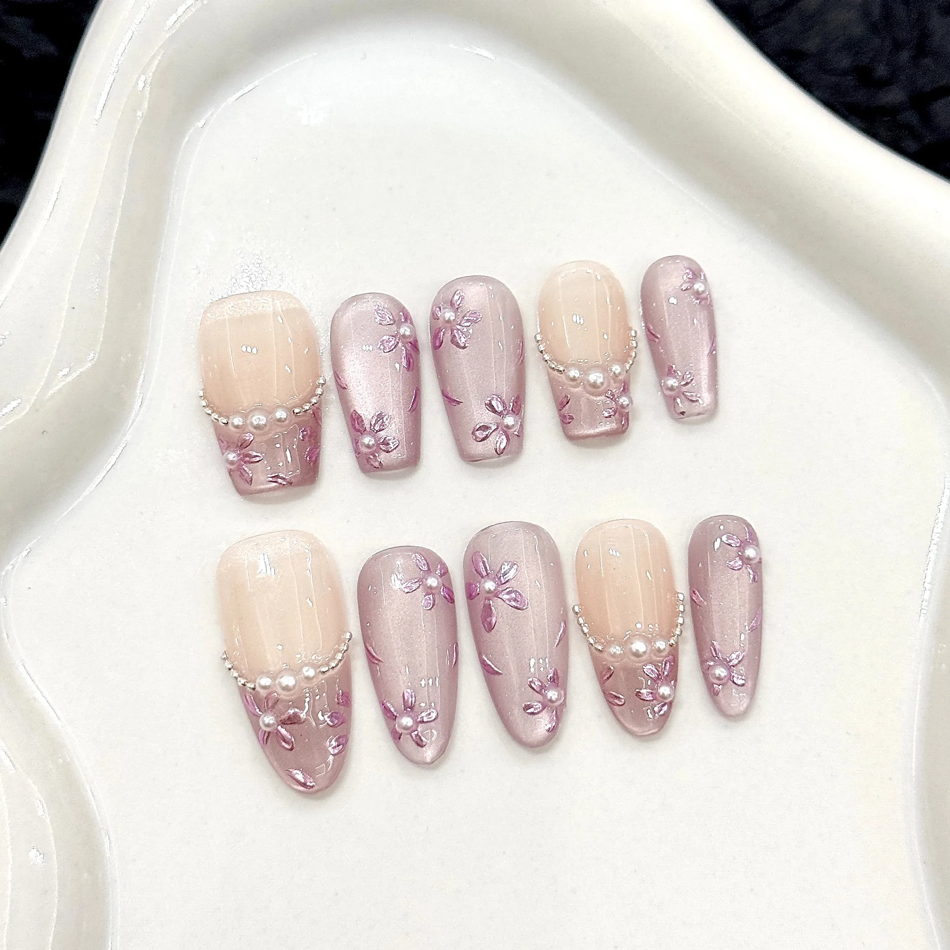 

10pcs Handmade Purple Cat Eye Press on Nails Summer Flowers Pearl Design Fake Nails Wearable Detachable Glitter False Nail Tips