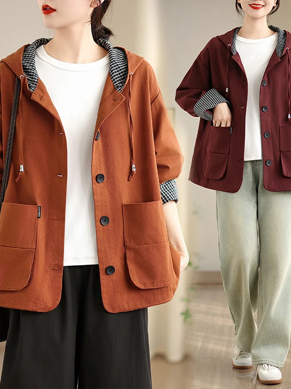 

Retro Plaid Spliced Hooded Jaet Loose Casual Large Size Long Sve Women's Coat Spring Season ape Sandal ape